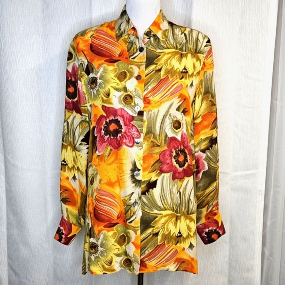 Paolo Santini 90s Boho Floral Button Front Tunic Style Long Sleeve Silk Blouse